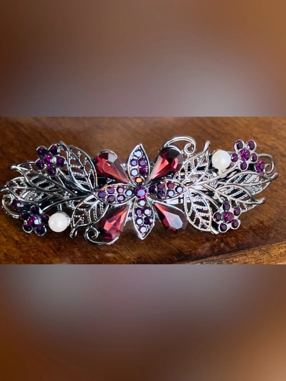 Vintage UV Reactive Manganese Glass Floral Barrette – 26g Victorian Revival